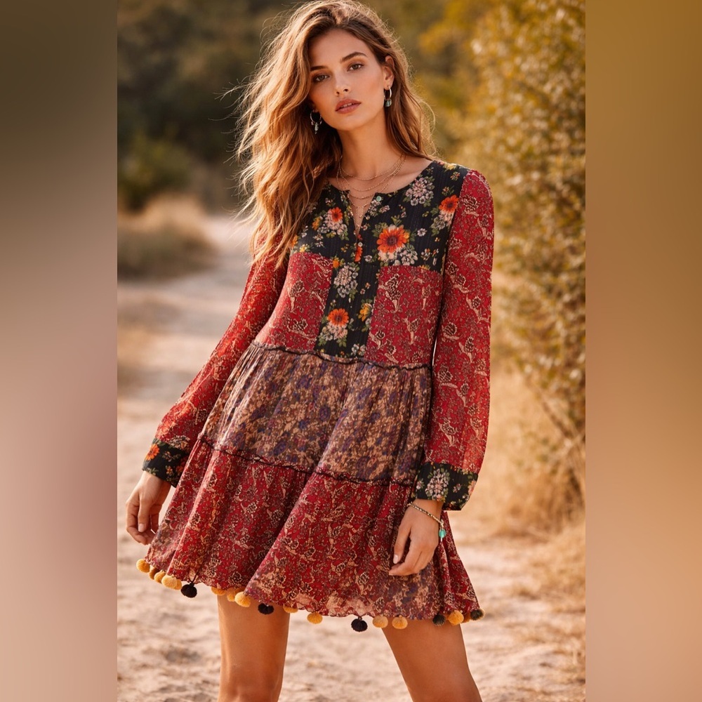 ZARA Woman Boho Patchwork Floral Mini Dress Size S